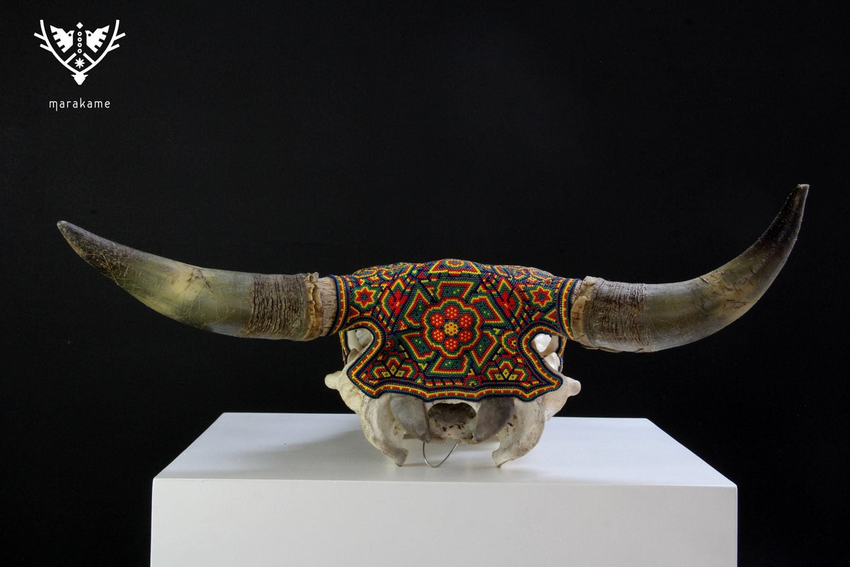 Cráneo de vaca Arte Huichol - hikuri neixa en tseriekame - Arte Huichol - Marakame