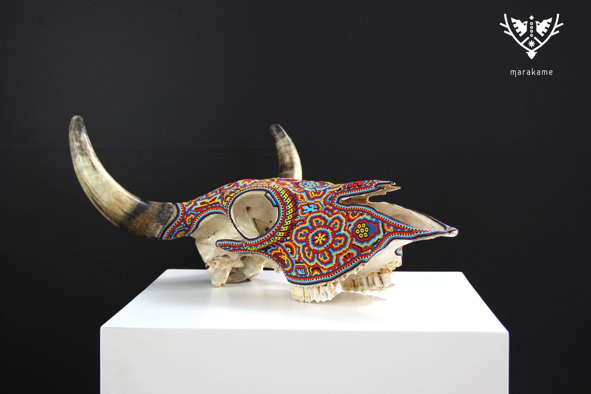 Cráneo de vaca Arte Huichol - Mayes en Hikuri - Arte Huichol - Marakame