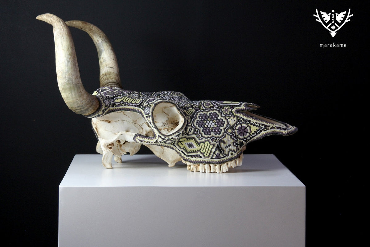 Cráneo de vaca Arte Huichol - Nierika miire II - Arte Huichol - Marakame