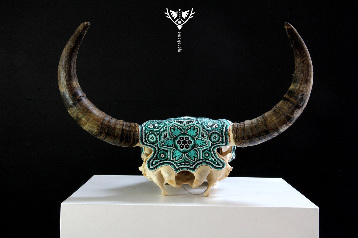 Cráneo de vaca Arte Huichol - Tawexiká en Wirikuta - Arte Huichol - Marakame