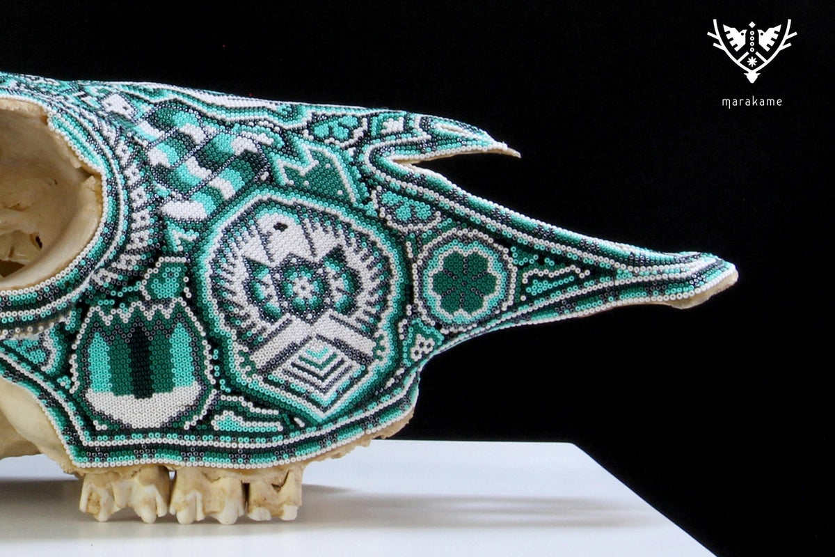 Cráneo de vaca Arte Huichol - Tawexiká en Wirikuta - Arte Huichol - Marakame
