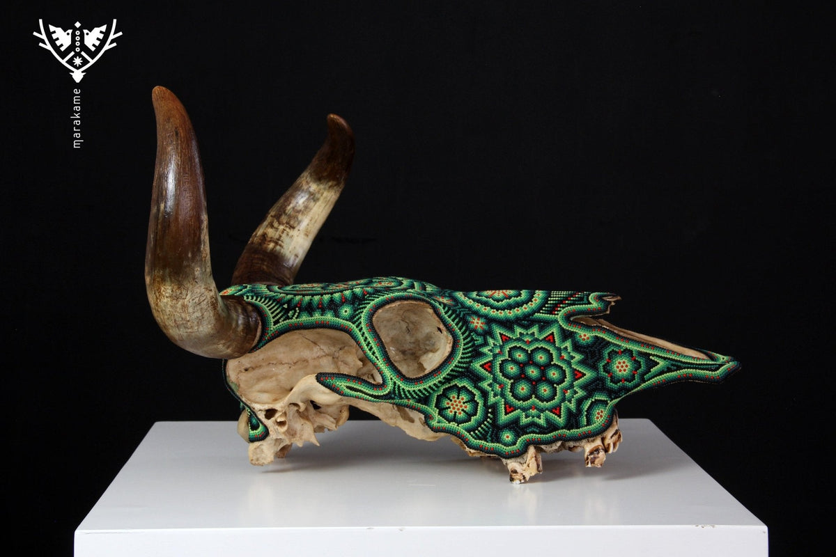 Cráneo de vaca Arte Huichol - Tuutú II - Arte Huichol - Marakame