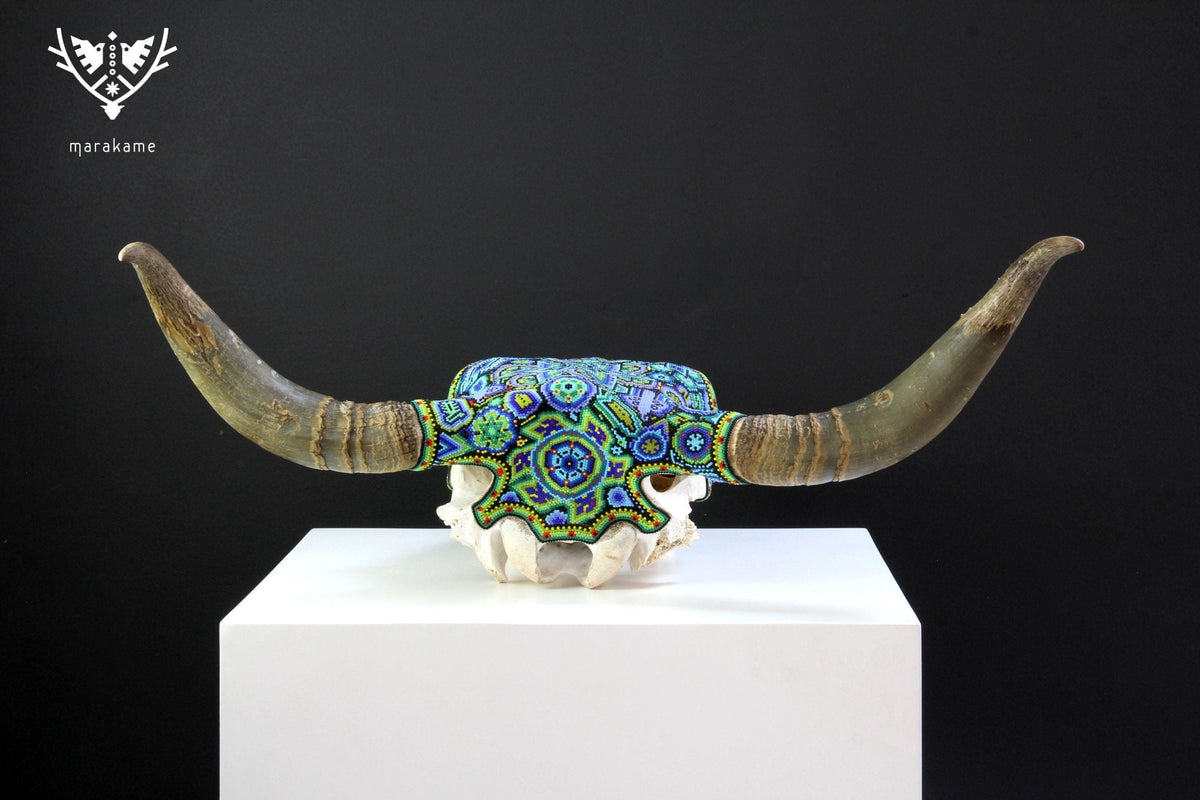 Cráneo de vaca Arte Huichol - Wexikia Hikuri - Arte Huichol - Marakame