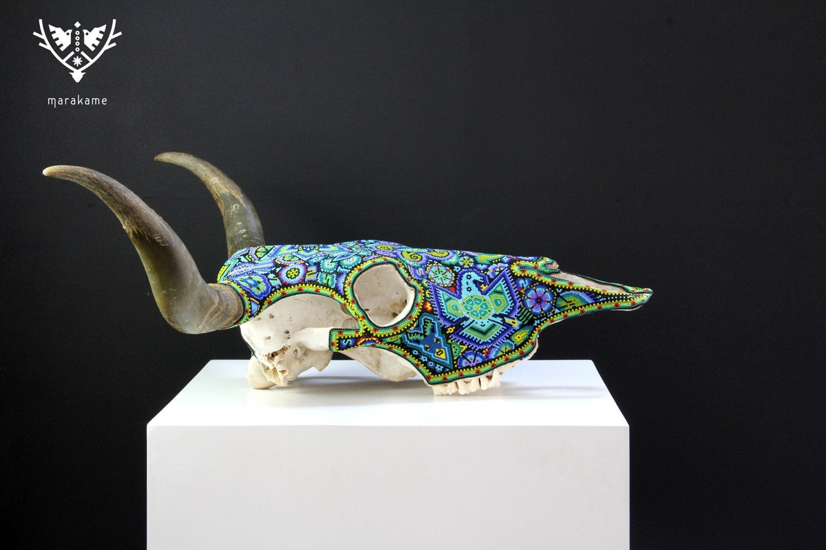 Cráneo de vaca Arte Huichol - Wexikia Hikuri - Arte Huichol - Marakame