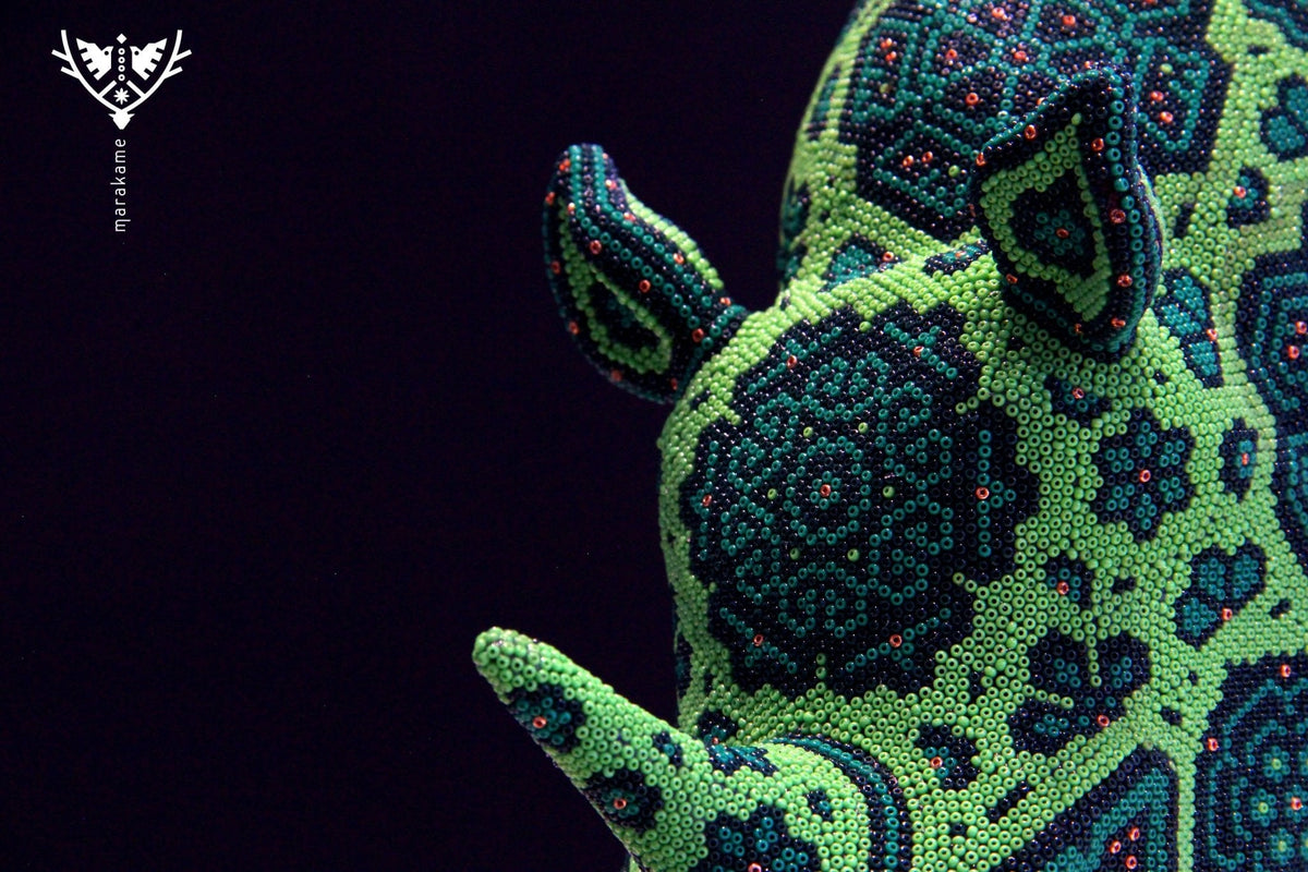 Escultura Arte Huichol - Rinoceronte Hikuri - Arte Huichol - Marakame