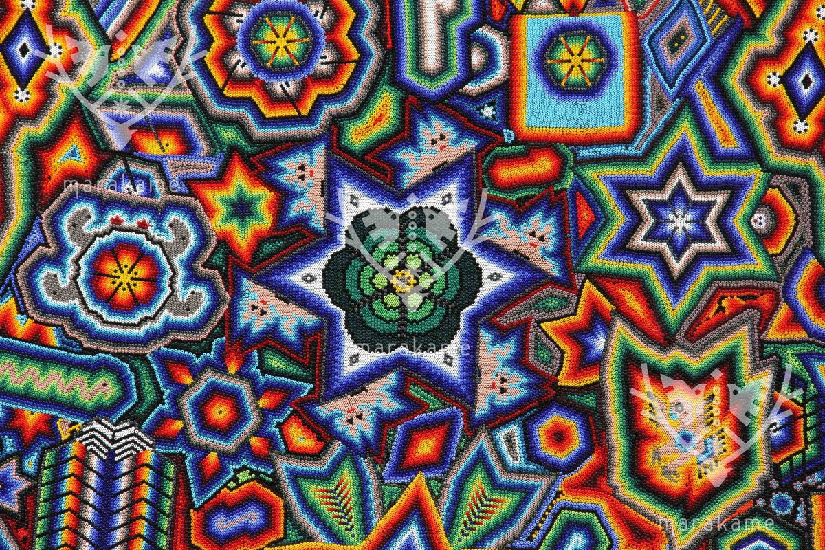 Nierika de Chaquira Circulo Huichol - Los tres Marakate - 120 cm. - Arte Huichol - Marakame