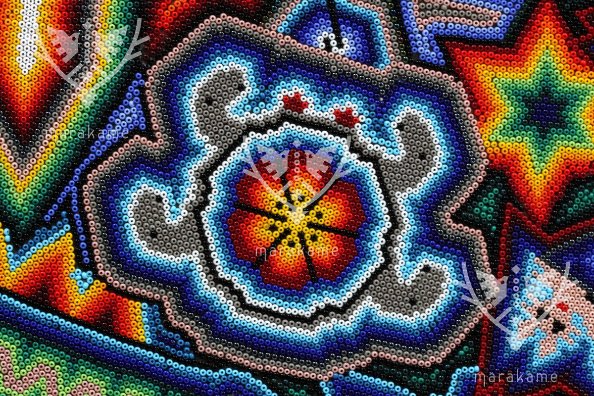 Nierika de Chaquira Circulo Huichol - Los tres Marakate - 120 cm. - Arte Huichol - Marakame