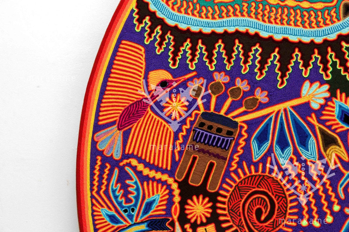 Nierika de Estambre Círculo Huichol - La magia de los peyotes - 120 cm. - Arte Huichol - Marakame