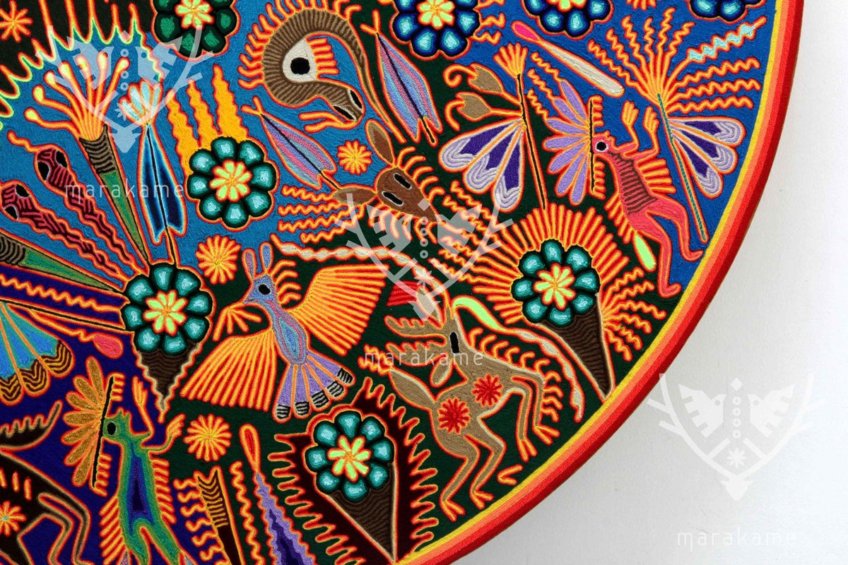 Nierika de Estambre Círculo Huichol - La magia de los peyotes - 120 cm. - Arte Huichol - Marakame