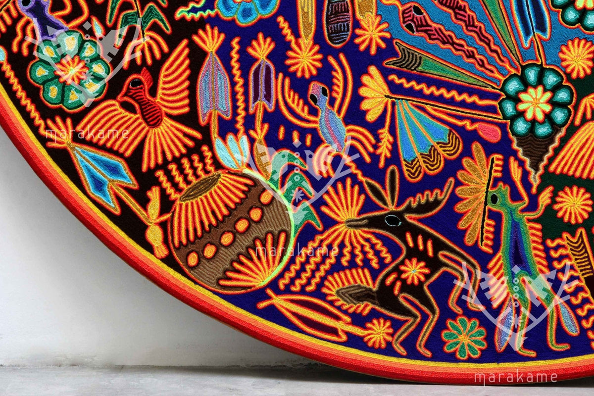 Nierika de Estambre Círculo Huichol - La magia de los peyotes - 120 cm. - Arte Huichol - Marakame