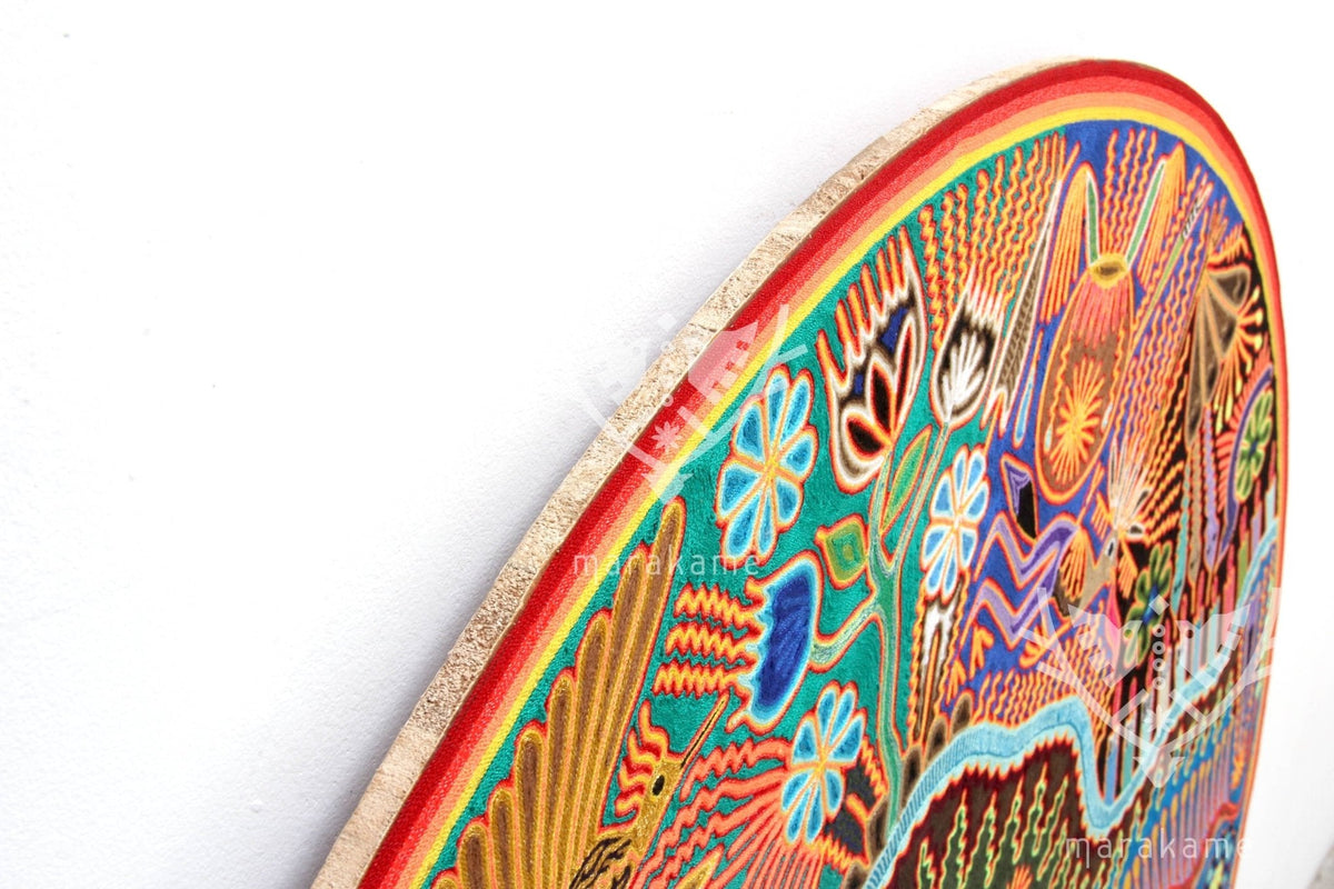 Nierika de Estambre Círculo Huichol - La magia de los peyotes - 120 cm. - Arte Huichol - Marakame