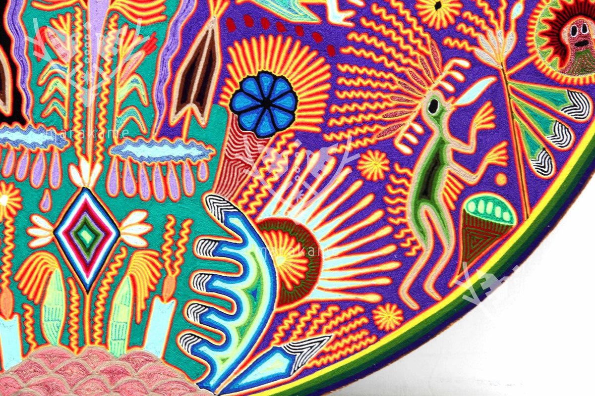 Nierika de Estambre Círculo Huichol - Nacimiento del Venado - 120 cm. de diámetro - Arte Huichol - Marakame