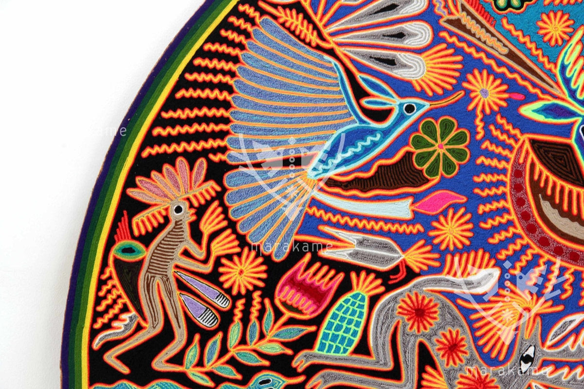 Nierika de Estambre Círculo Huichol - Nacimiento del Venado - 120 cm. de diámetro - Arte Huichol - Marakame