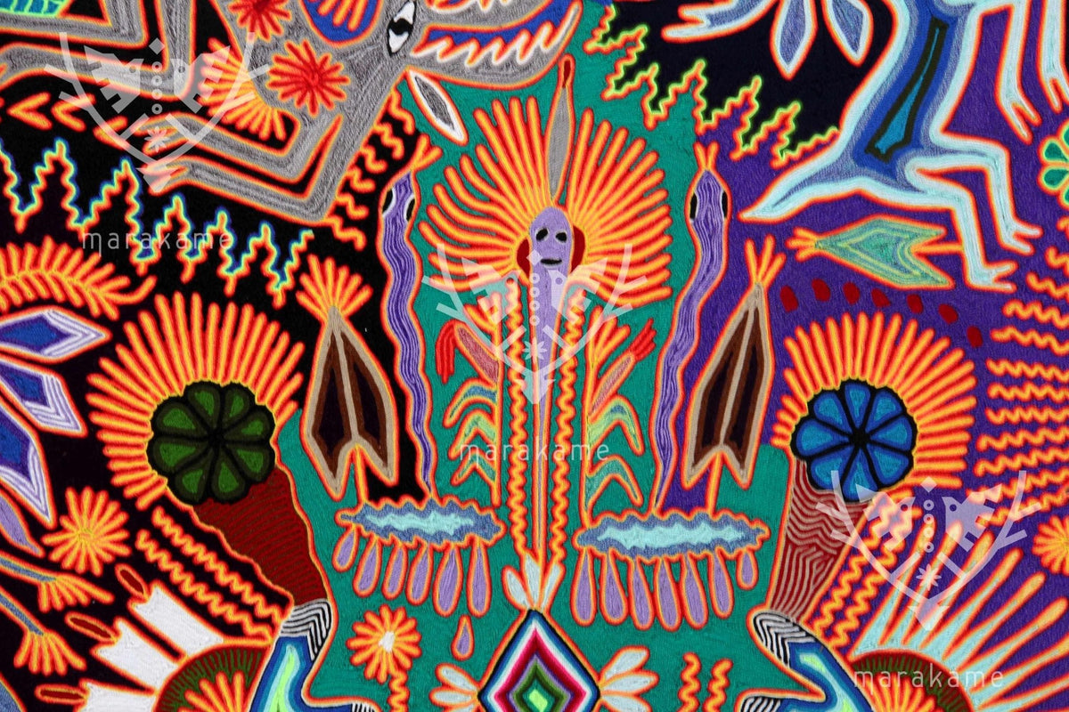 Nierika de Estambre Círculo Huichol - Nacimiento del Venado - 120 cm. de diámetro - Arte Huichol - Marakame