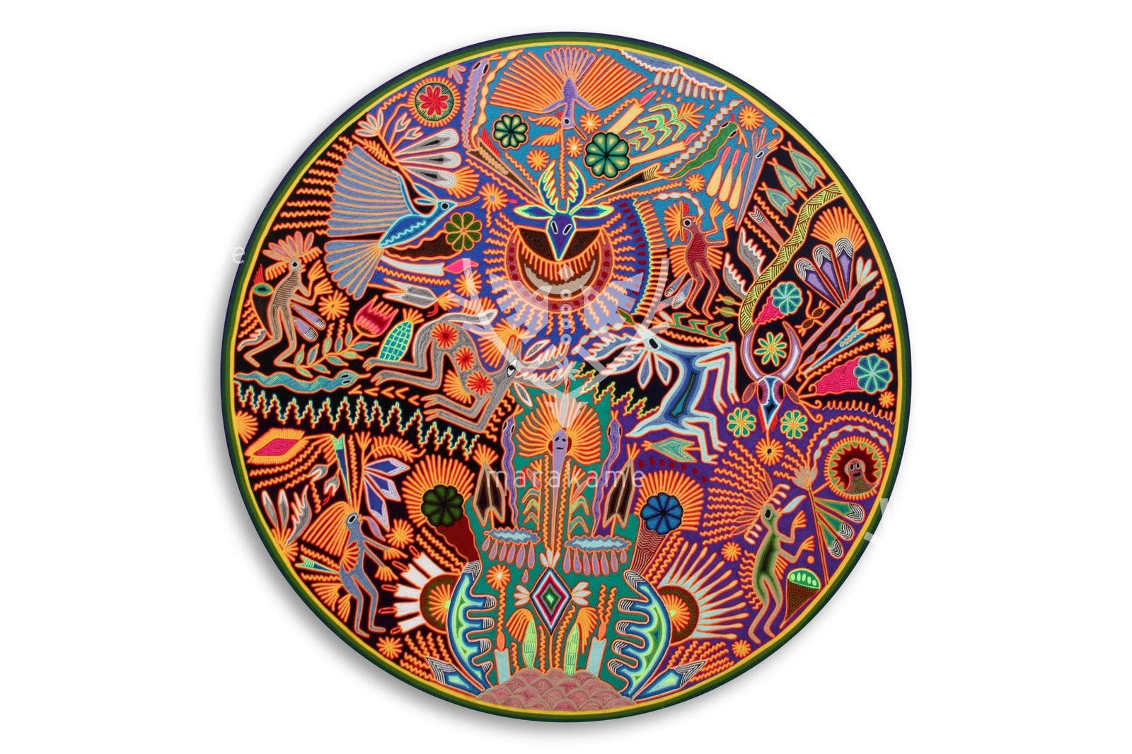 Nierika de Estambre Círculo Huichol - Nacimiento del Venado - 120 cm. de diámetro - Arte Huichol - Marakame