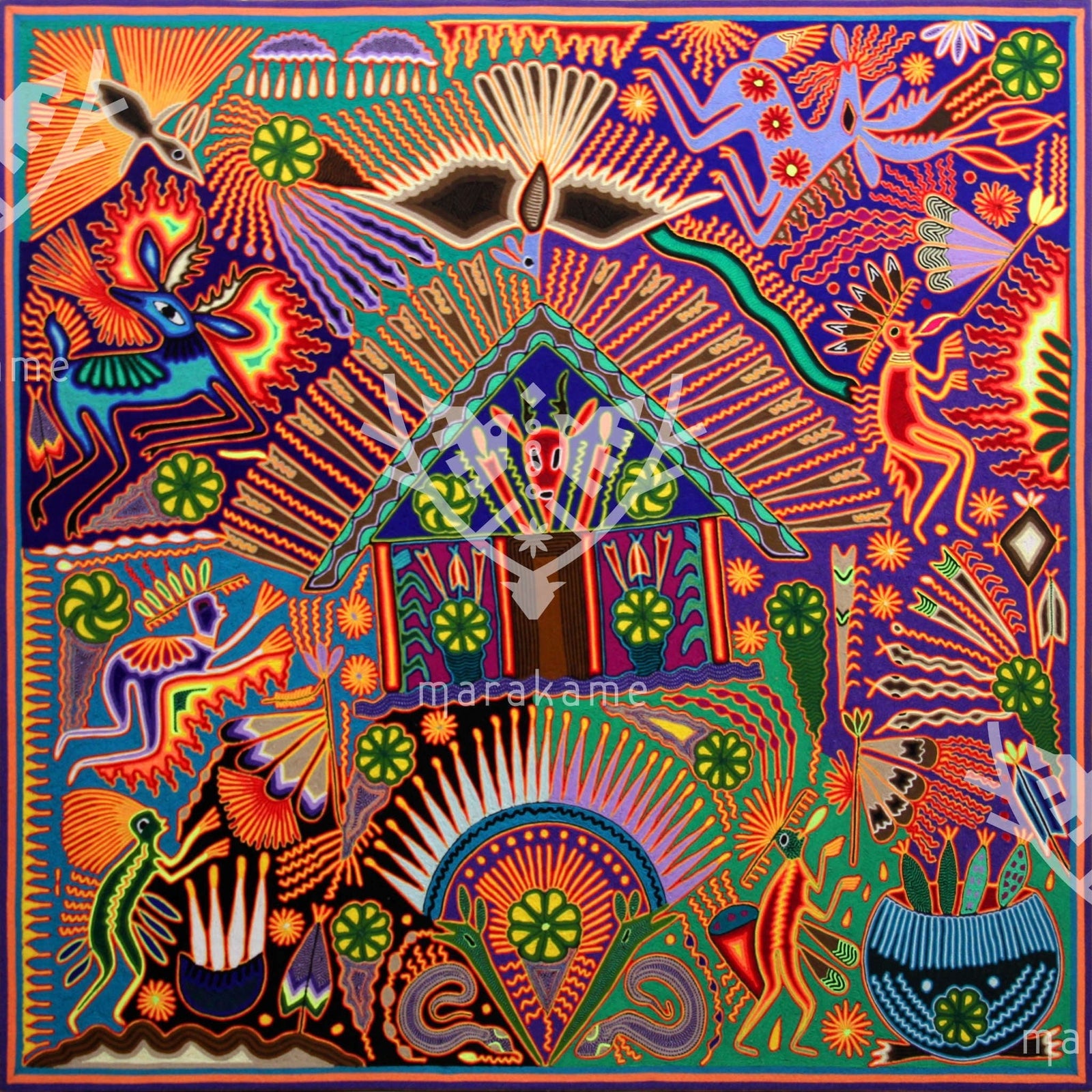 Nierika de Estambre Cuadro Huichol - El ruido de la noche - 120 x 120 cm. - Arte Huichol - Marakame