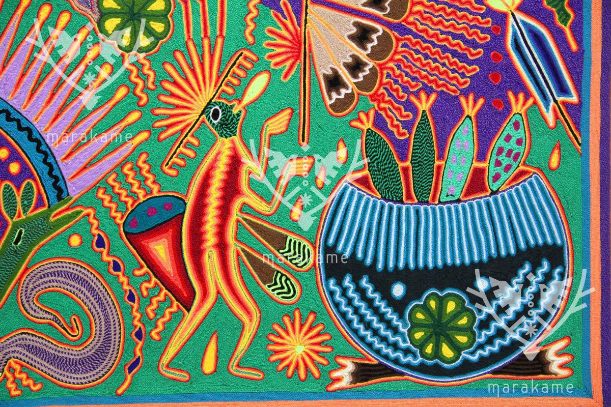 Nierika de Estambre Cuadro Huichol - El ruido de la noche - 120 x 120 cm. - Arte Huichol - Marakame