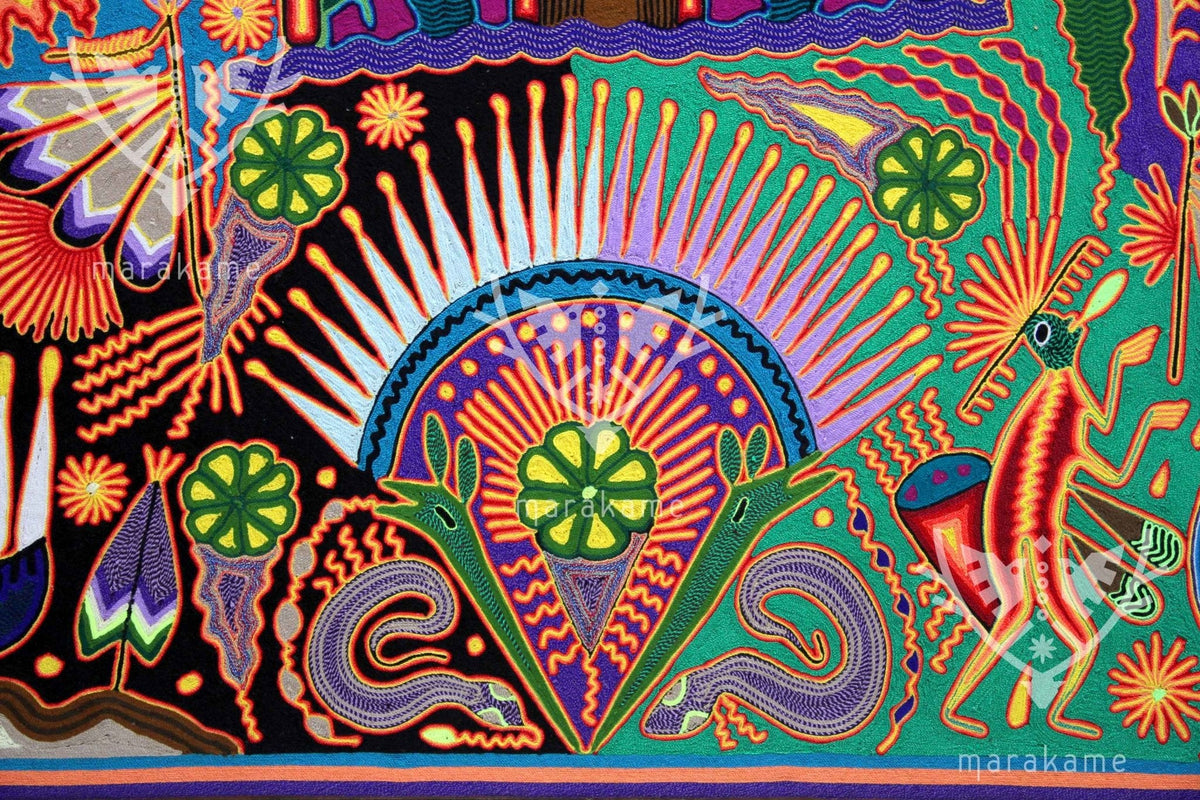 Nierika de Estambre Cuadro Huichol - El ruido de la noche - 120 x 120 cm. - Arte Huichol - Marakame