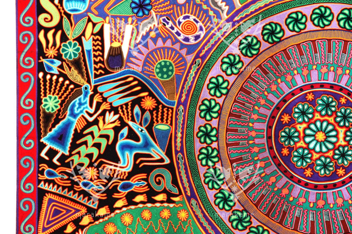 Nierika de Estambre Cuadro Huichol - Familia de peyote - 2 x 2 m. - Arte Huichol - Marakame