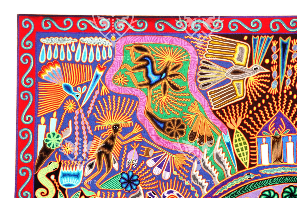 Nierika de Estambre Cuadro Huichol - Familia de peyote - 2 x 2 m. - Arte Huichol - Marakame