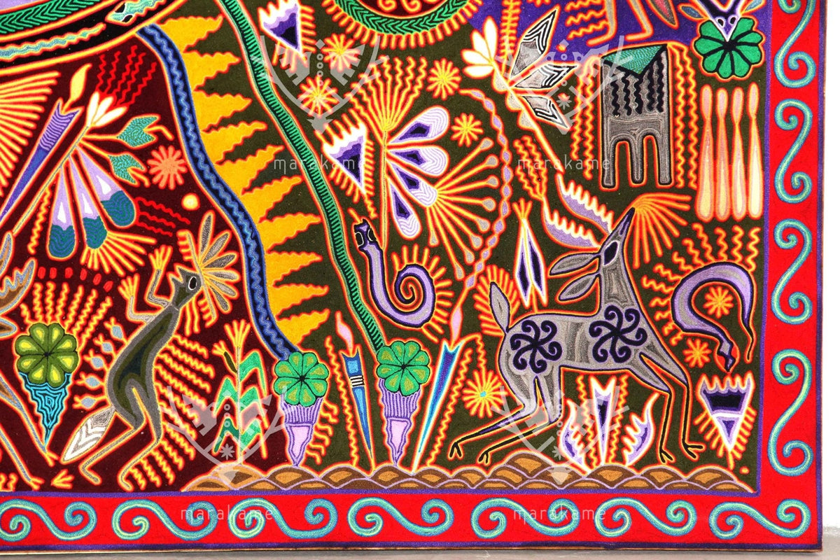 Nierika de Estambre Cuadro Huichol - Familia de peyote - 2 x 2 m. - Arte Huichol - Marakame