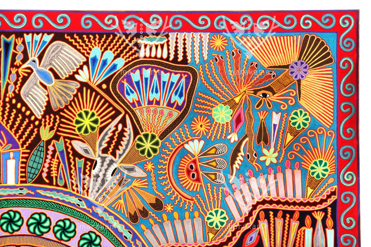 Nierika de Estambre Cuadro Huichol - Familia de peyote - 2 x 2 m. - Arte Huichol - Marakame