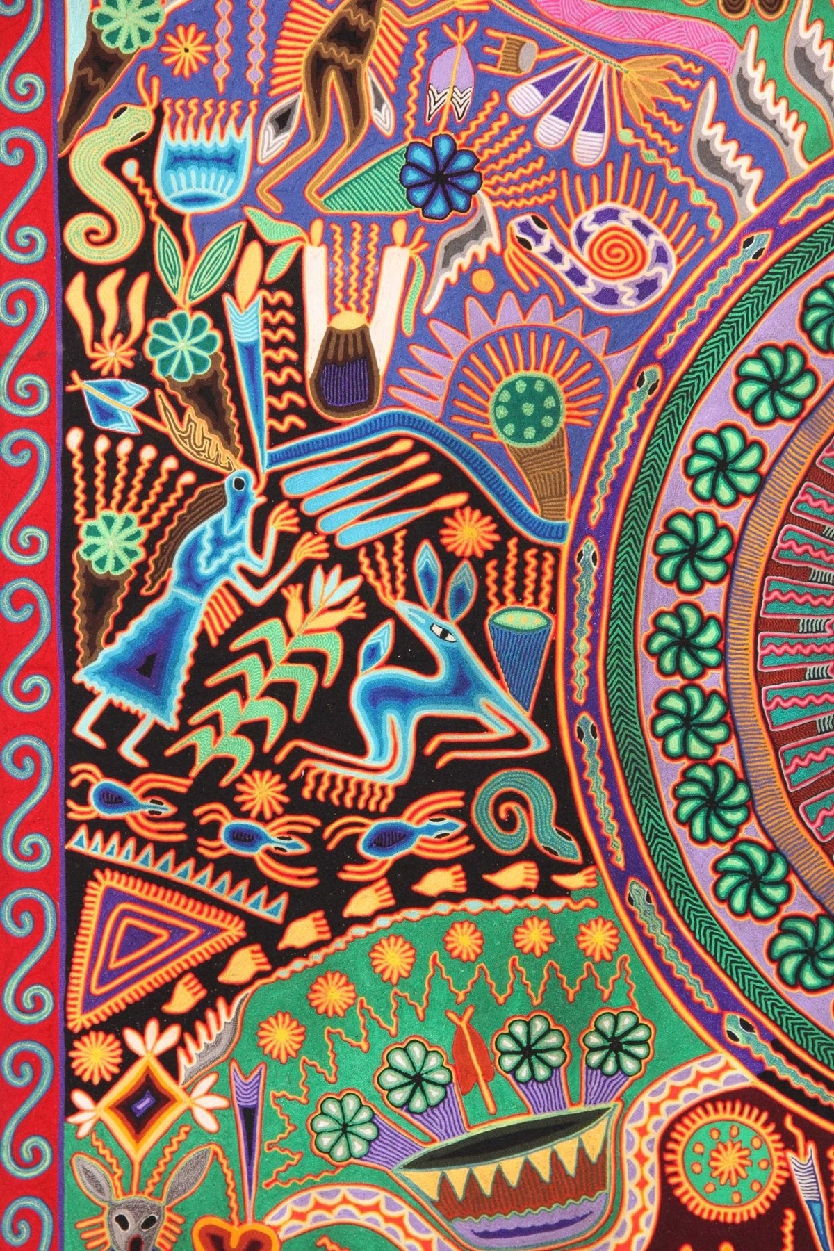 Nierika de Estambre Cuadro Huichol - Familia de peyote - 2 x 2 m. - Arte Huichol - Marakame