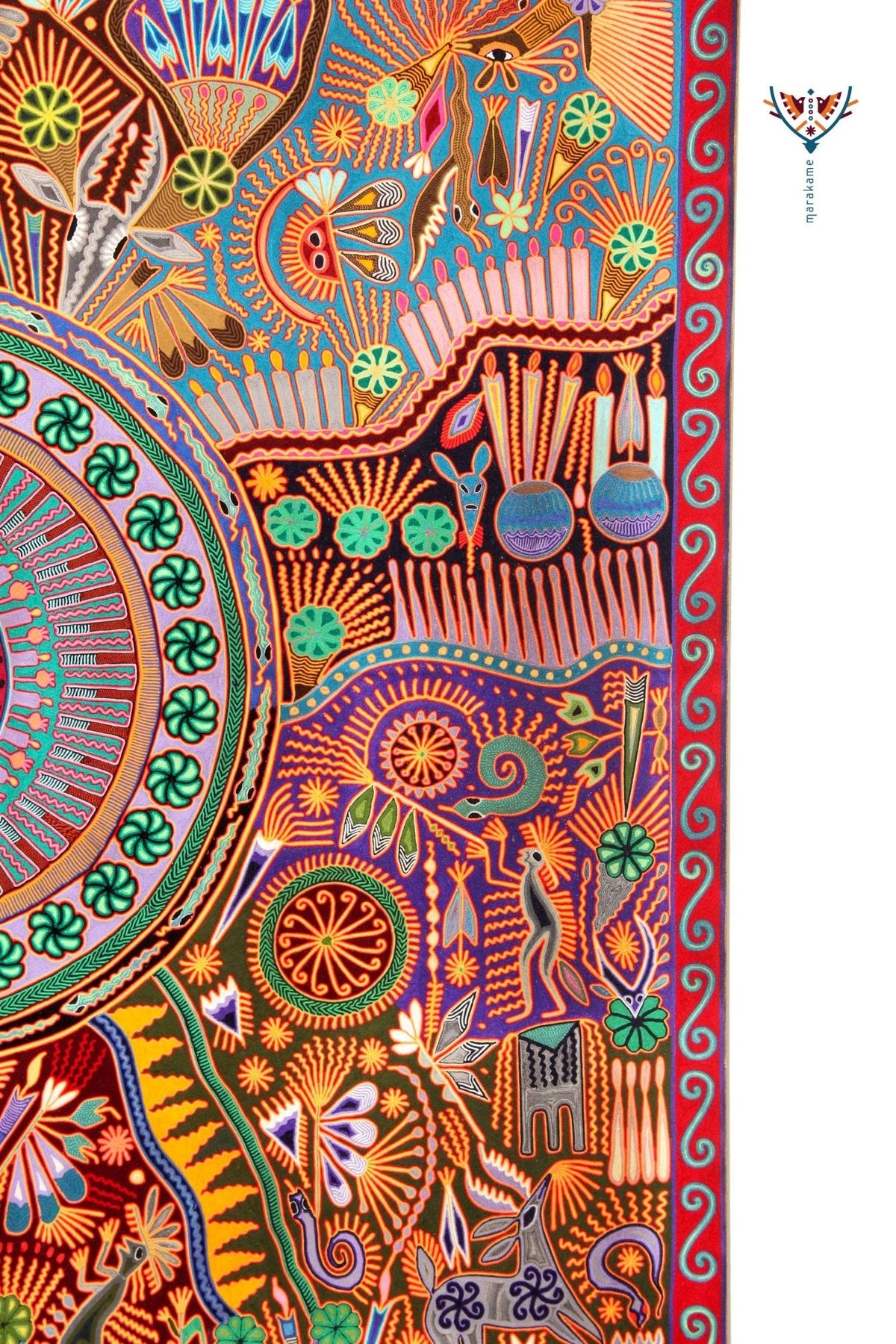 Nierika de Estambre Cuadro Huichol - Familia de peyote - 2 x 2 m. - Arte Huichol - Marakame