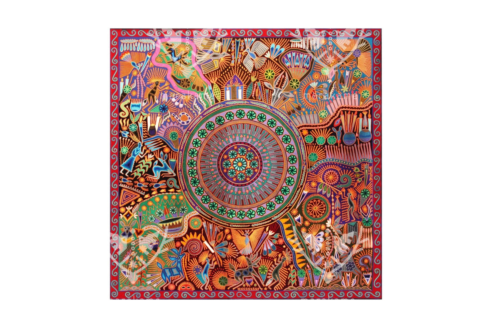 Nierika de Estambre Cuadro Huichol - Familia de peyote - 2 x 2 m. - Arte Huichol - Marakame