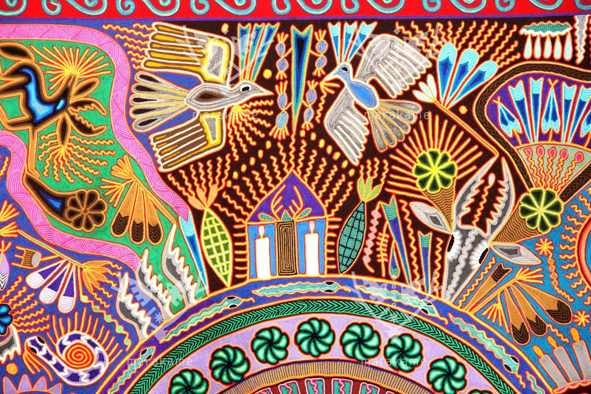 Nierika de Estambre Cuadro Huichol - Familia de peyote - 2 x 2 m. - Arte Huichol - Marakame
