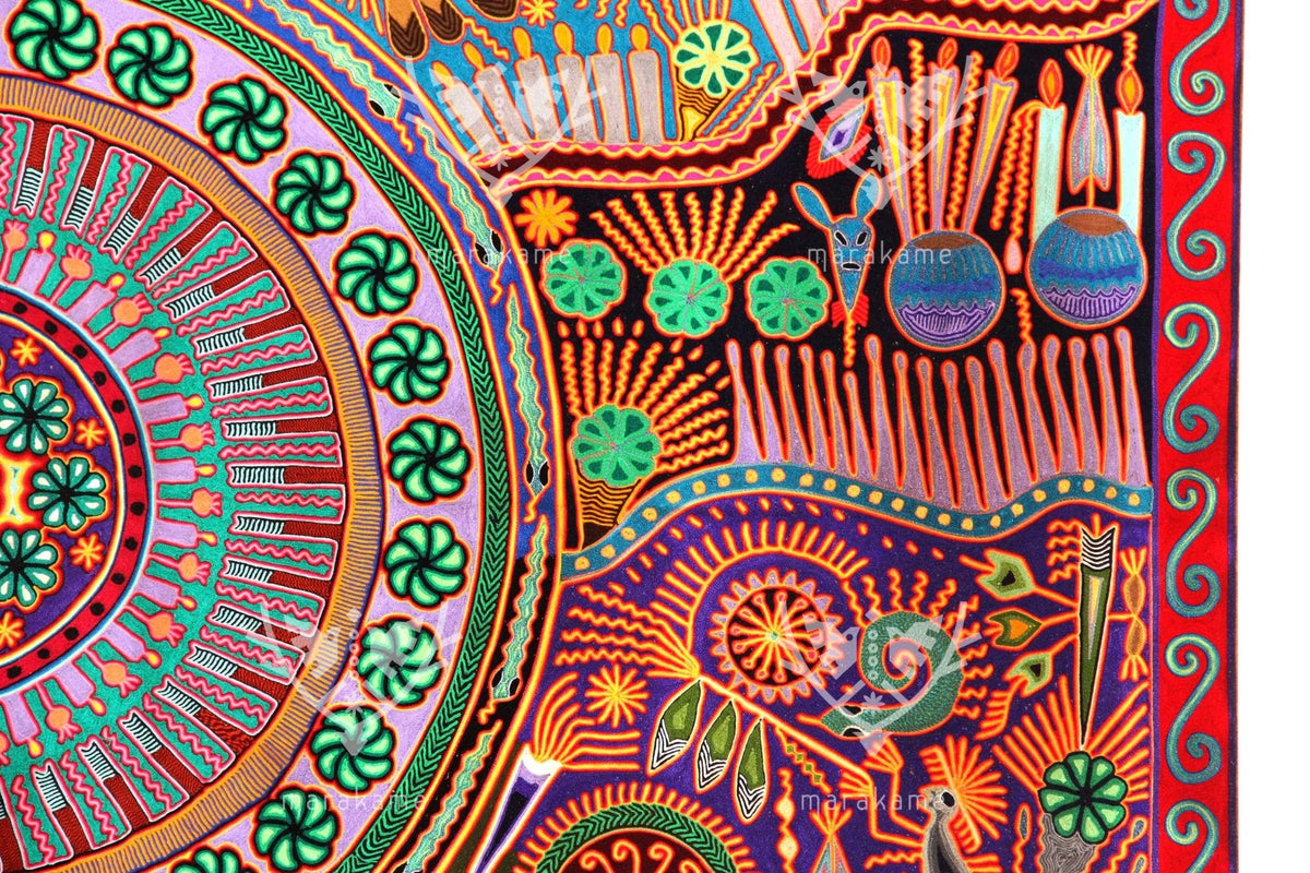 Nierika de Estambre Cuadro Huichol - Familia de peyote - 2 x 2 m. - Arte Huichol - Marakame