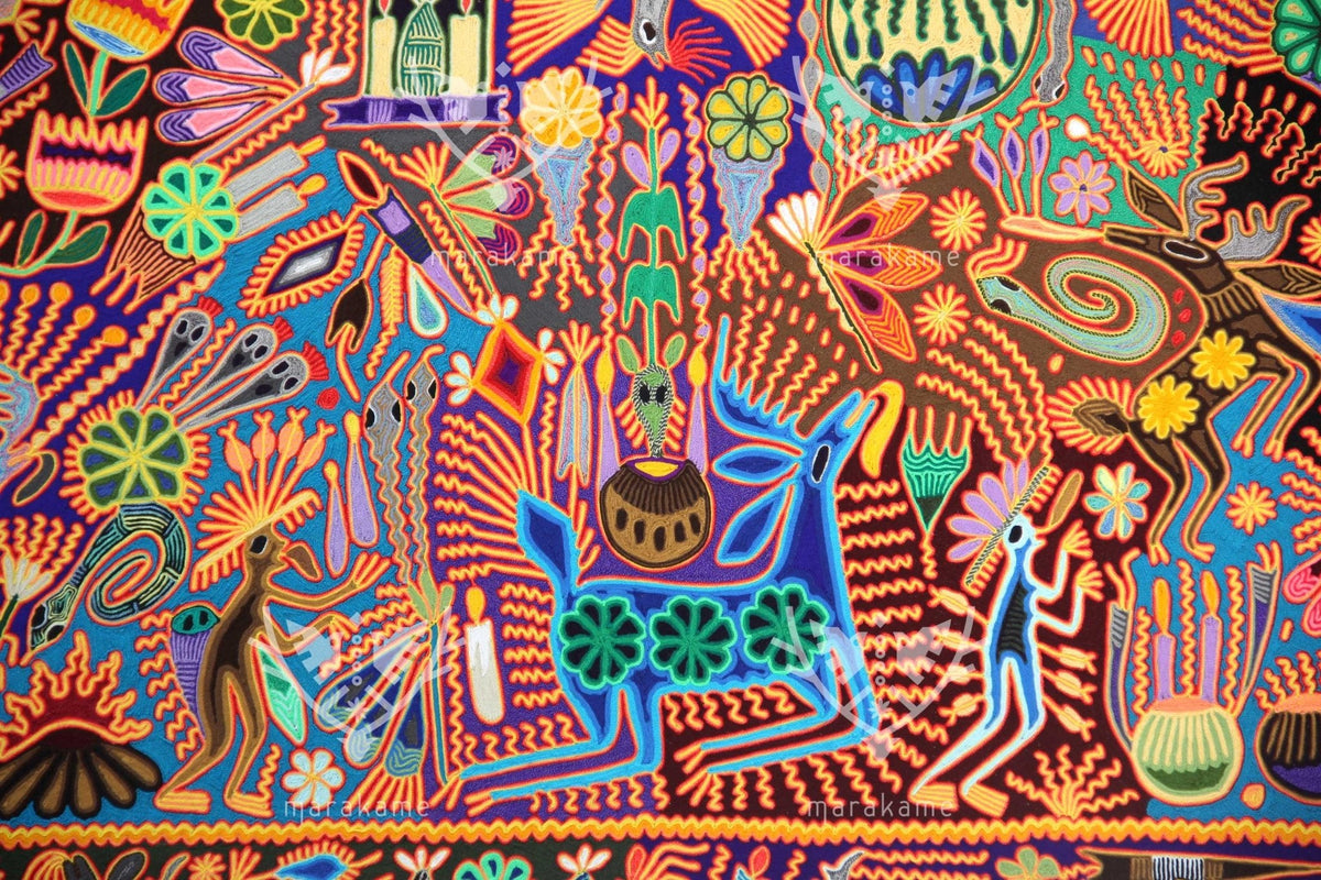 Nierika de Estambre Cuadro Huichol - La Danza del Venado - 150 x 100 cm. - Arte Huichol - Marakame
