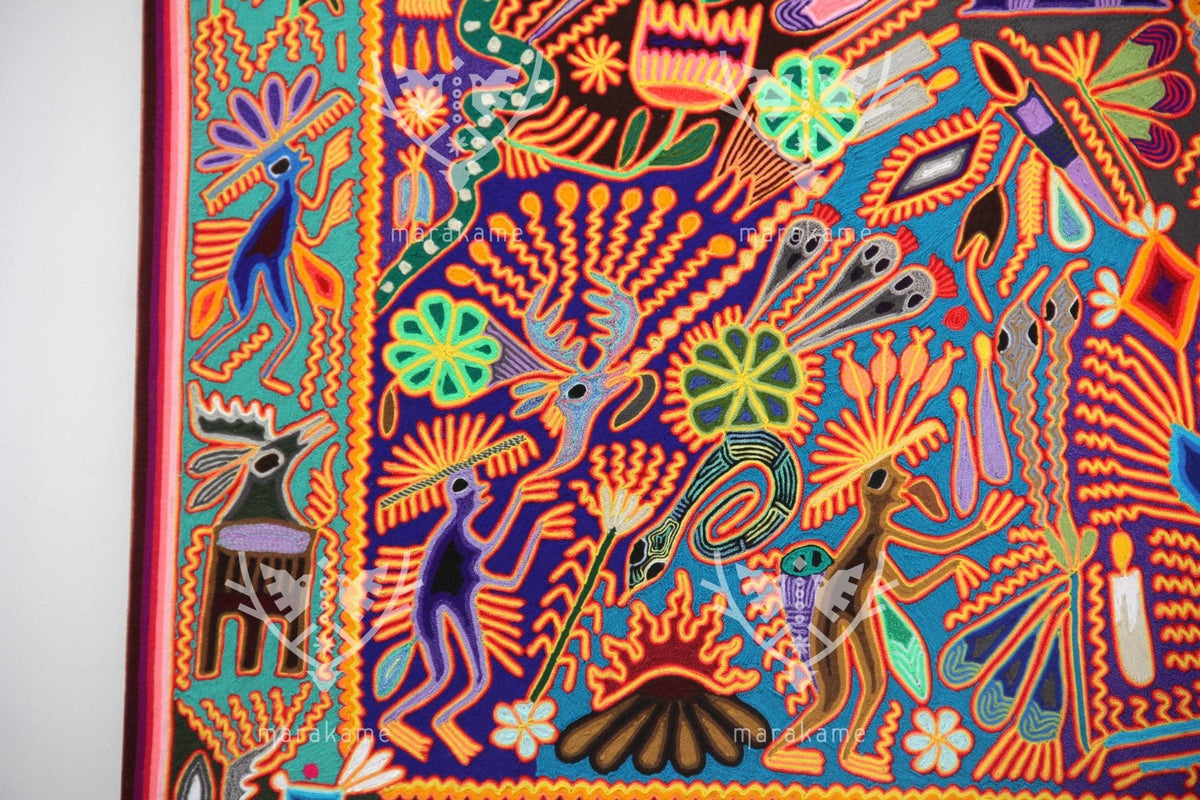 Nierika de Estambre Cuadro Huichol - La Danza del Venado - 150 x 100 cm. - Arte Huichol - Marakame