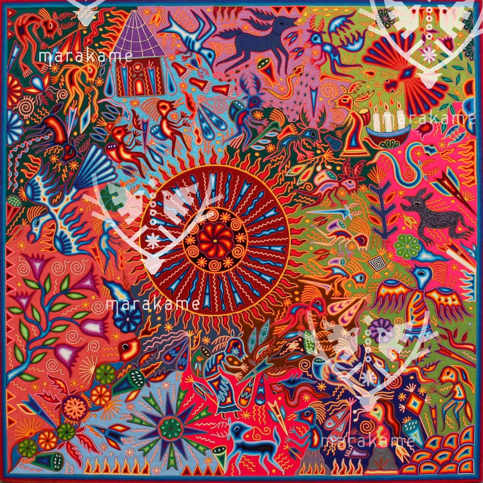 Nierika de Estambre Cuadro Huichol - Los Peregrinos - 200 x 200 cm. - Arte Huichol - Marakame