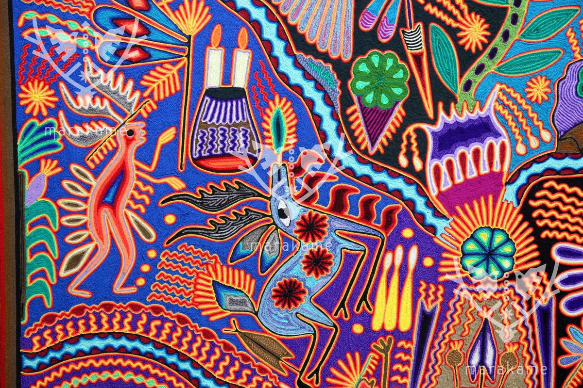 Nierika de Estambre Cuadro Huichol - Uykuri tsimaruni - El Peyote prohibido - 120 x 120 cm. - Arte Huichol - Marakame
