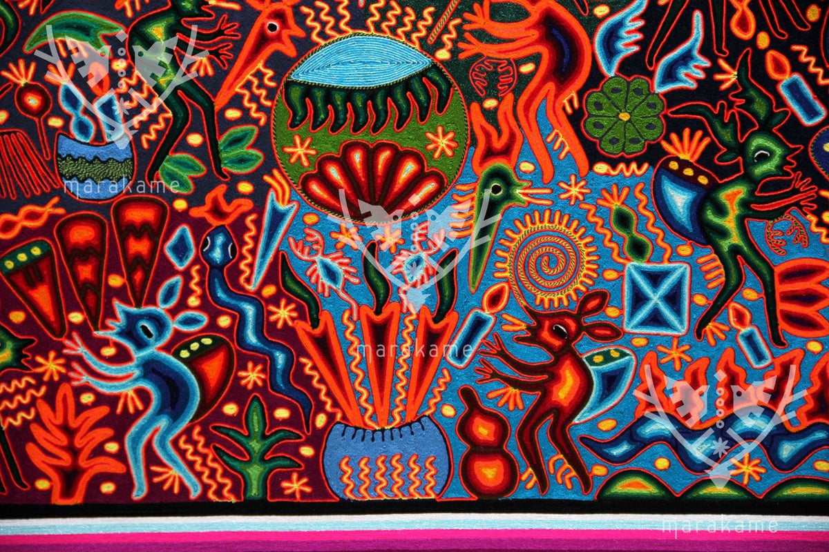 Nierika de Estambre Cuadro Huichol - Wexik+a nierikaya - 200 x 200 cm. - Arte Huichol - Marakame