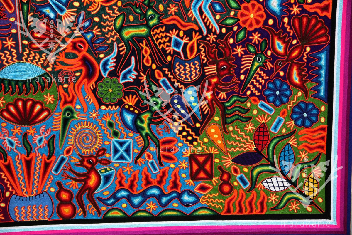 Nierika de Estambre Cuadro Huichol - Wexik+a nierikaya - 200 x 200 cm. - Arte Huichol - Marakame