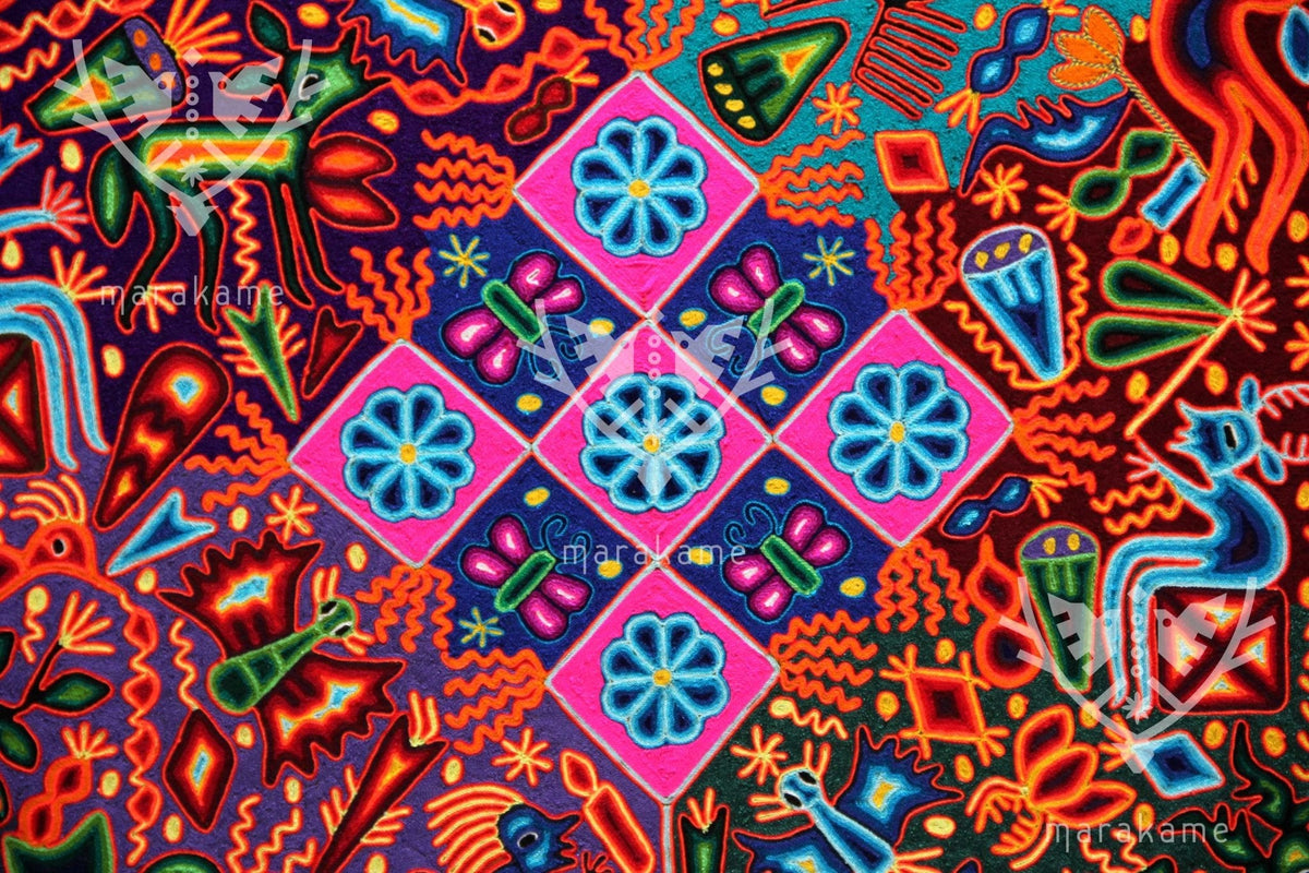 Nierika de Estambre Cuadro Huichol - Wexik+a nierikaya - 200 x 200 cm. - Arte Huichol - Marakame