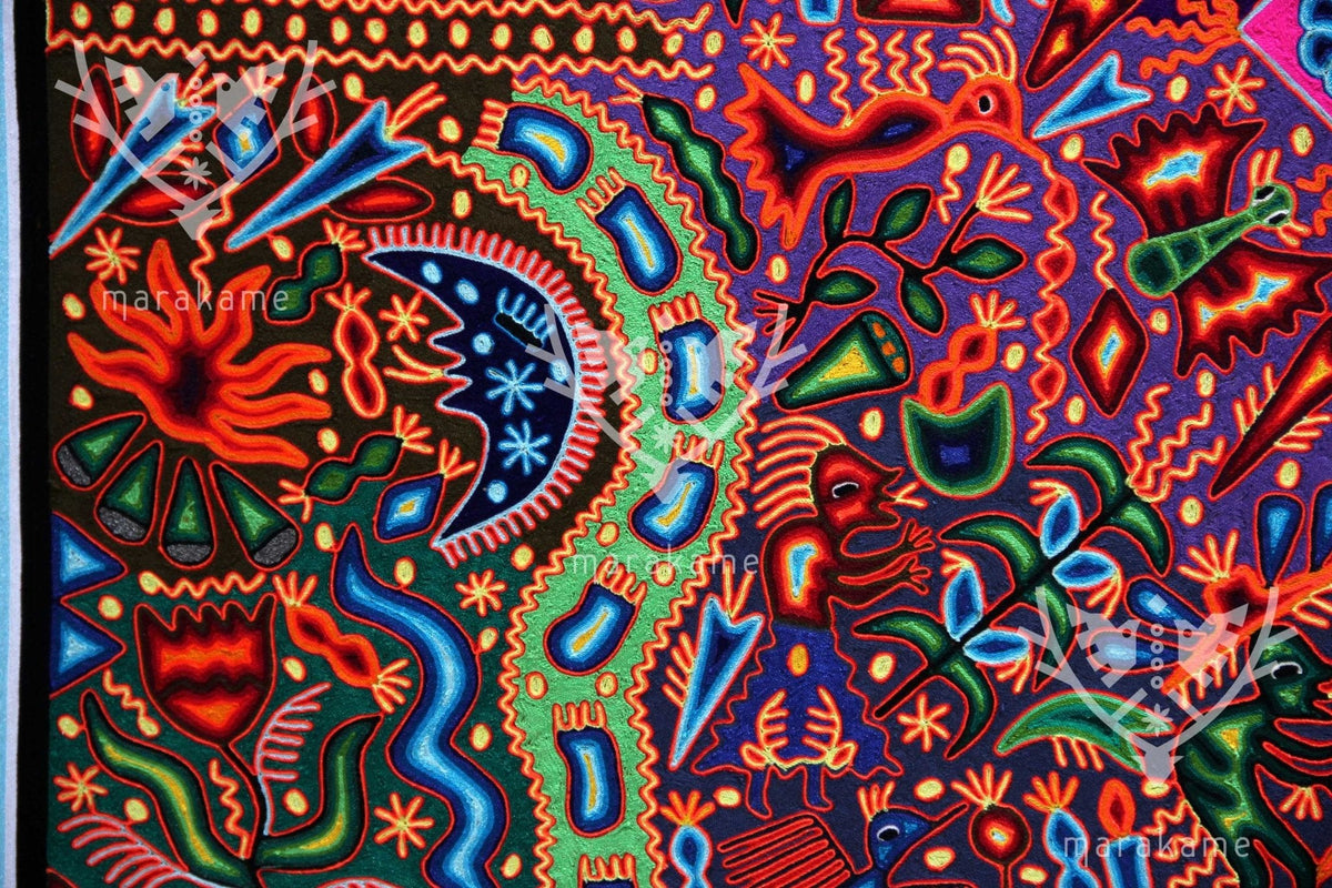 Nierika de Estambre Cuadro Huichol - Wexik+a nierikaya - 200 x 200 cm. - Arte Huichol - Marakame