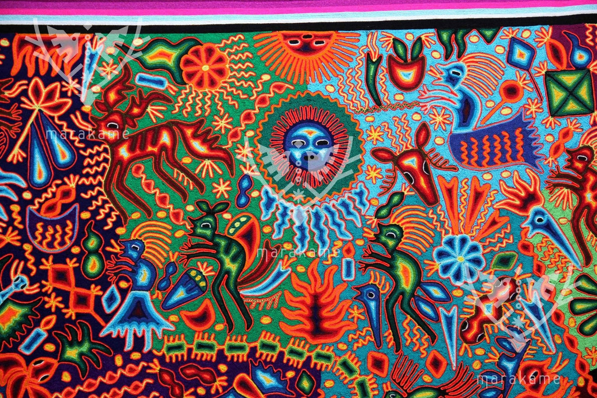 Nierika de Estambre Cuadro Huichol - Wexik+a nierikaya - 200 x 200 cm. - Arte Huichol - Marakame