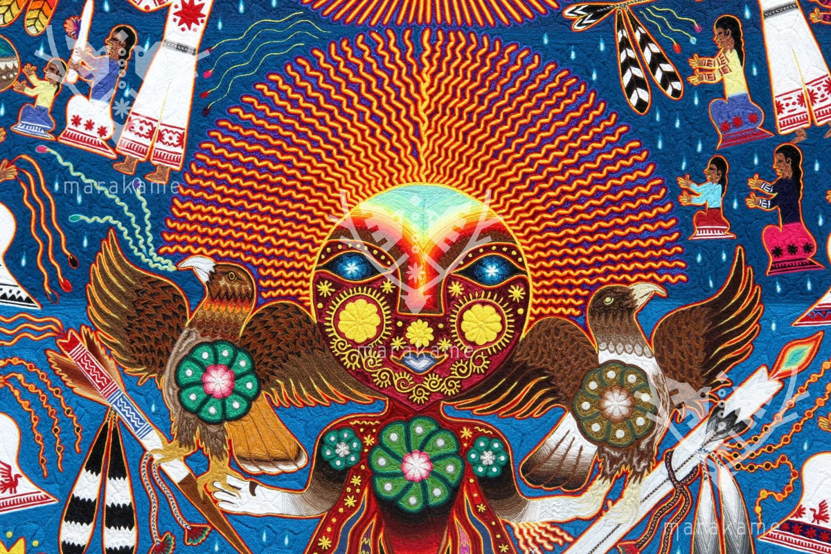 Nierika de hilo fino Cuadro Huichol - Takutsi Nakawe - 100 x 100 cm. - Arte Huichol - Marakame