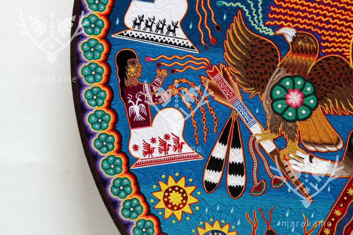 Nierika de hilo fino Cuadro Huichol - Takutsi Nakawe - 100 x 100 cm. - Arte Huichol - Marakame