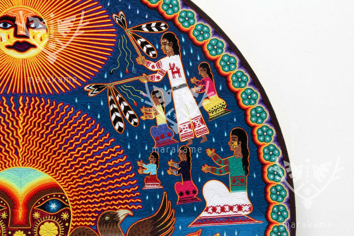 Nierika de hilo fino Cuadro Huichol - Takutsi Nakawe - 100 x 100 cm. - Arte Huichol - Marakame