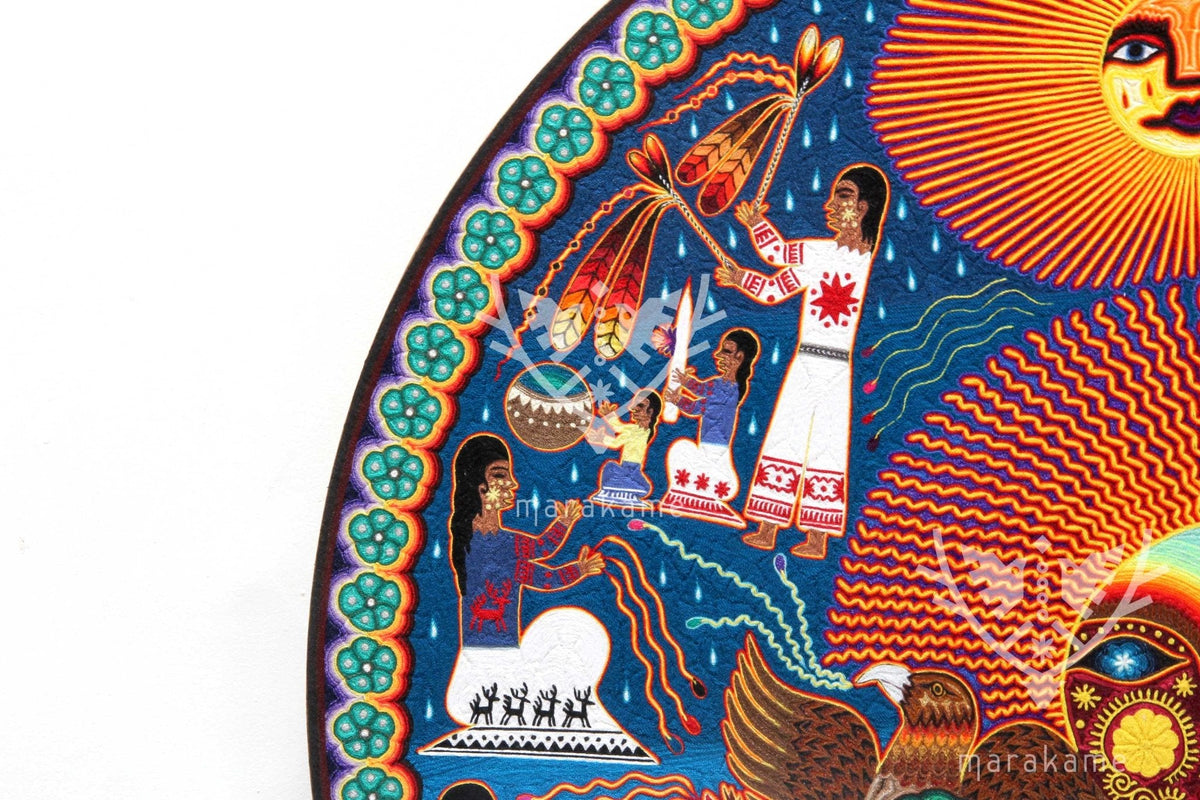 Nierika de hilo fino Cuadro Huichol - Takutsi Nakawe - 100 x 100 cm. - Arte Huichol - Marakame
