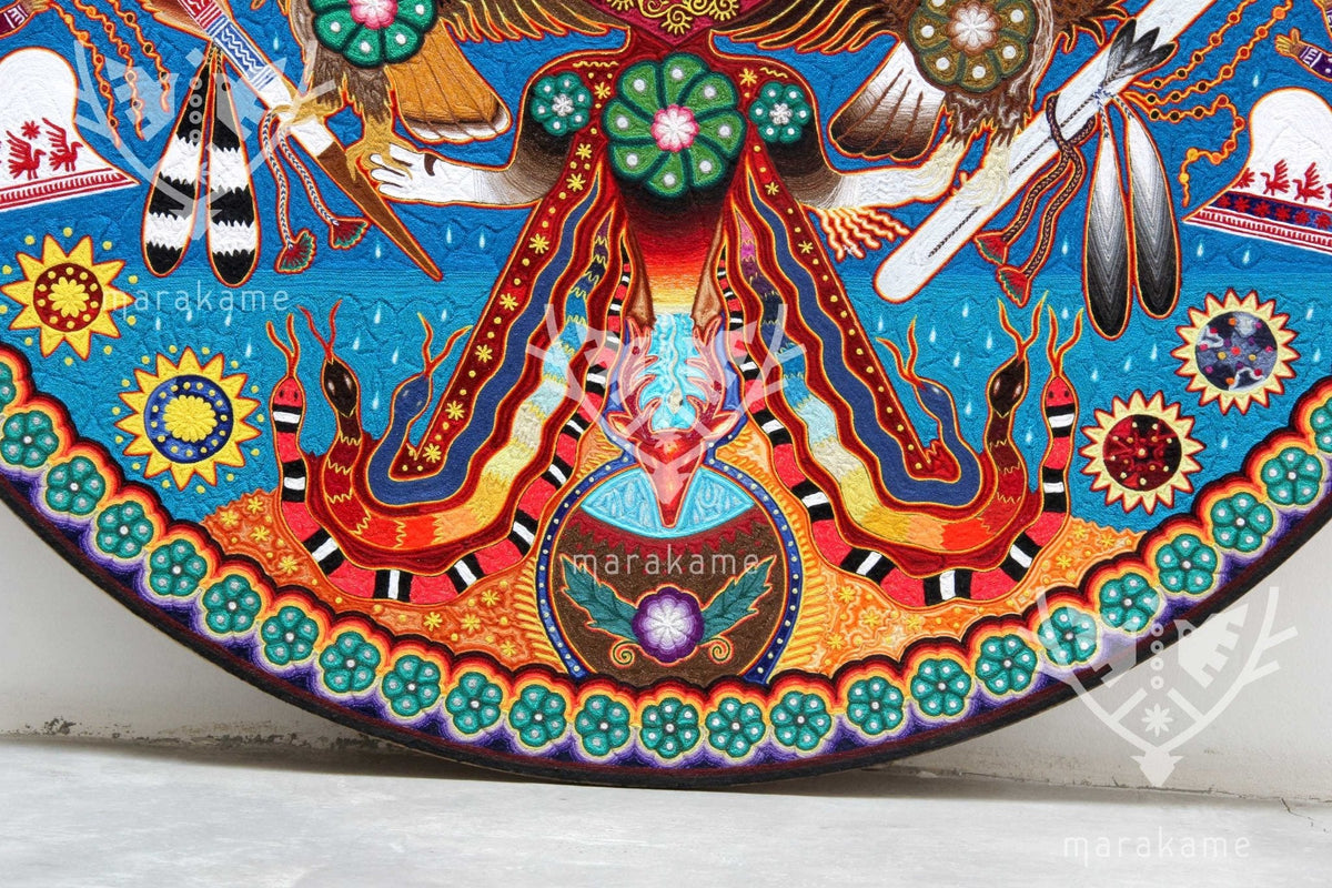 Nierika de hilo fino Cuadro Huichol - Takutsi Nakawe - 100 x 100 cm. - Arte Huichol - Marakame