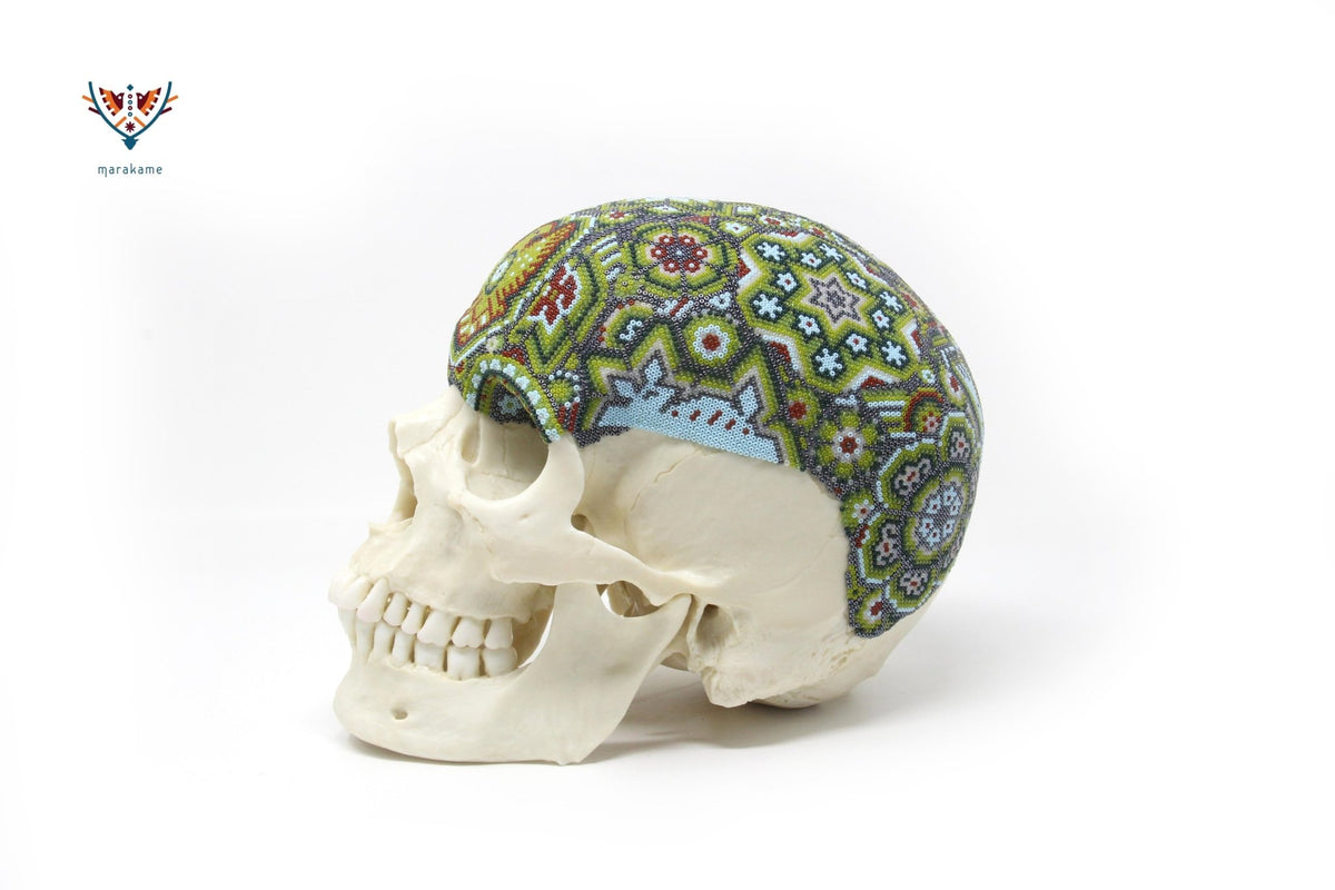 Cráneo Hiperrealista de Humano escala real &quot;Hauxamanaka&quot; - Arte Huichol - Marakame
