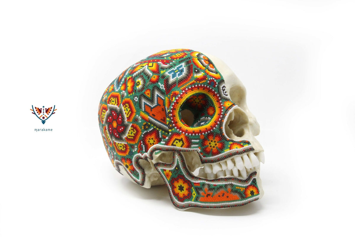 Cráneo Hiperrealista de Humano escala real &quot;Xapawiyemeta&quot; - Arte Huichol - Marakame