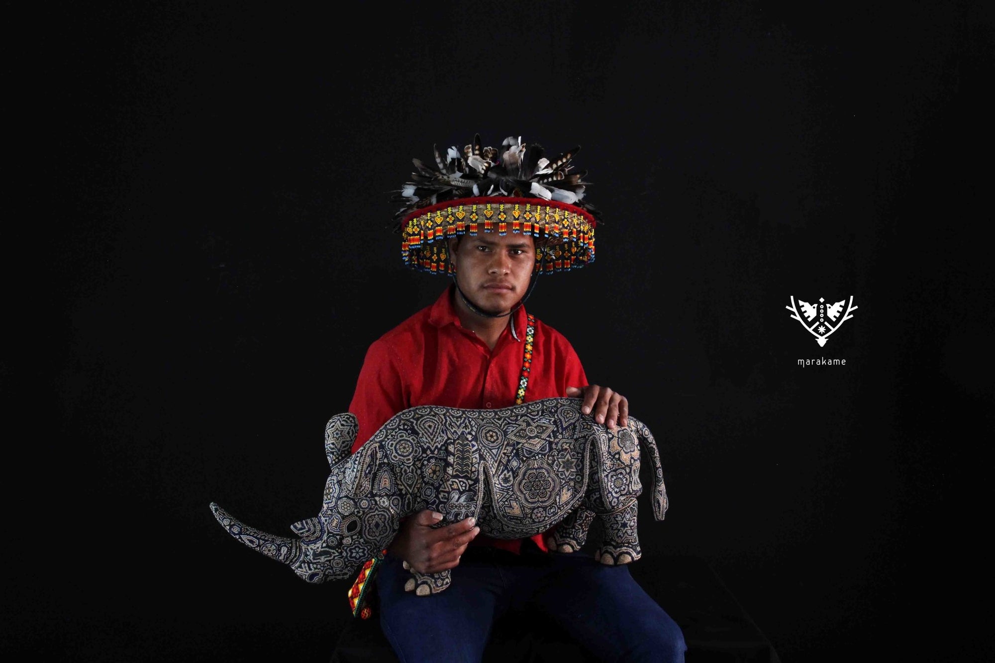 Escultura Arte Huichol - Rinoceronte Haiyuawita - Arte Huichol - Marakame